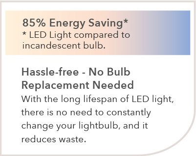 85% Energy Saving*
    *LED Light compared to incandescent bulb. Hassle-free – No Bulb Replacement Needed With the long lifespan of LED light, here is no need to constantly change your light bulb, and it reduces waste.