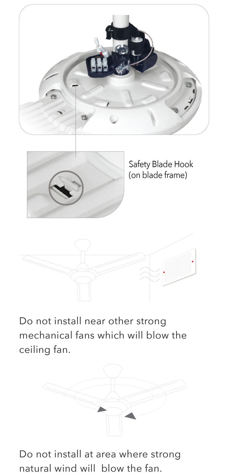 Do not install near other strong mechanical fans which will blow the ceiling fan.
